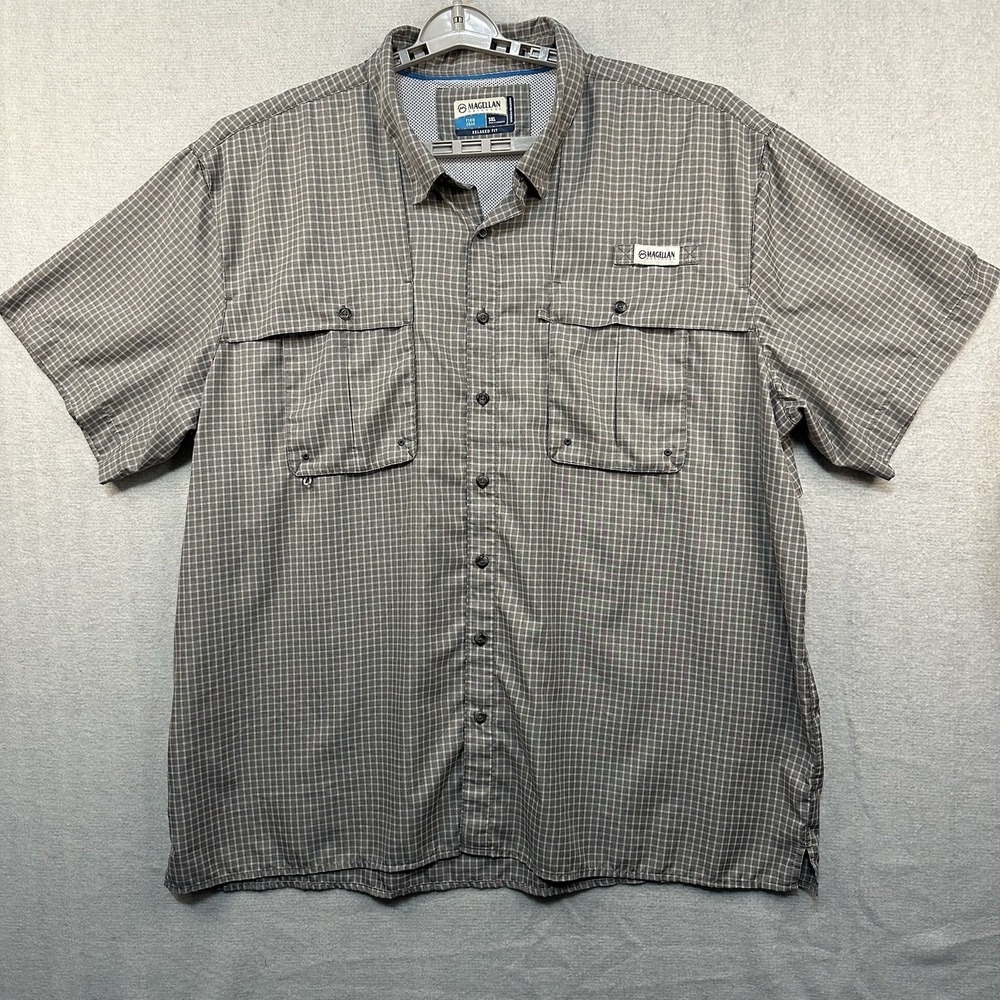 Magellan Outdoors FishGear Men's 3XL Grey Checkered Moisture Wicking Relaxed Fit